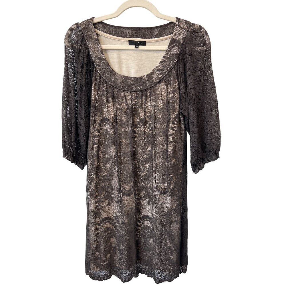 Glam Floral Lace Overlay Tunic Dress Size Medium Scoop Neck Lined Whimsigoth
